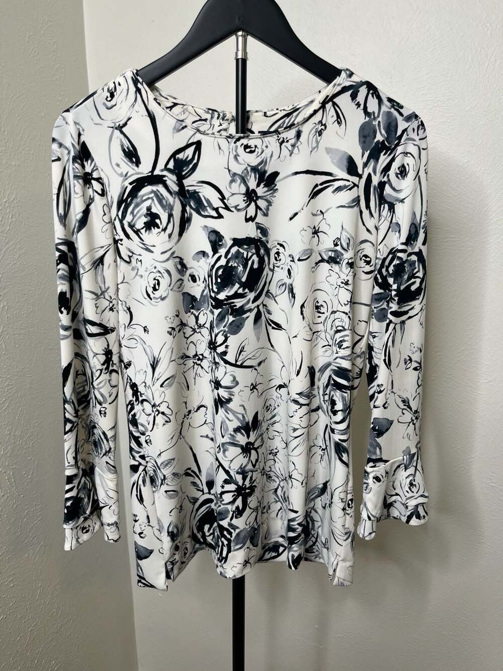 Black White Floral Bell Sleeve Blouse Boho Romantic Statement Top
